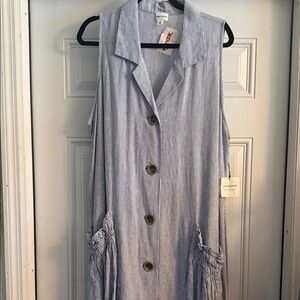 For Cynthia Striped Linen-Blend Sleeveless Button Dress - Light Blue & White